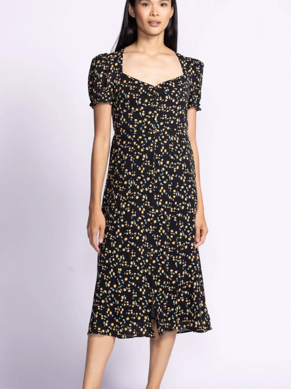 Pink Martini Lala Black Floral Sweetheart Midi Dress Size L